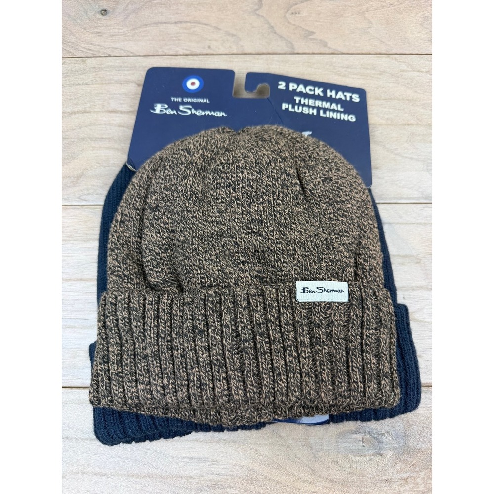 Ben Sherman 2 Pack Beanie Hats Men's Thermal Plush Lined Knit Brown Navy